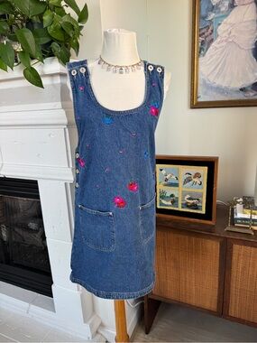 Denim Pinafore Floral Embroidered Dress